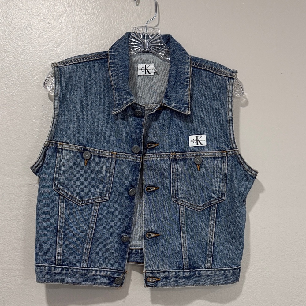 Calvin Klein women patch pocket Classic Blue Denim Vest size M double stone wash